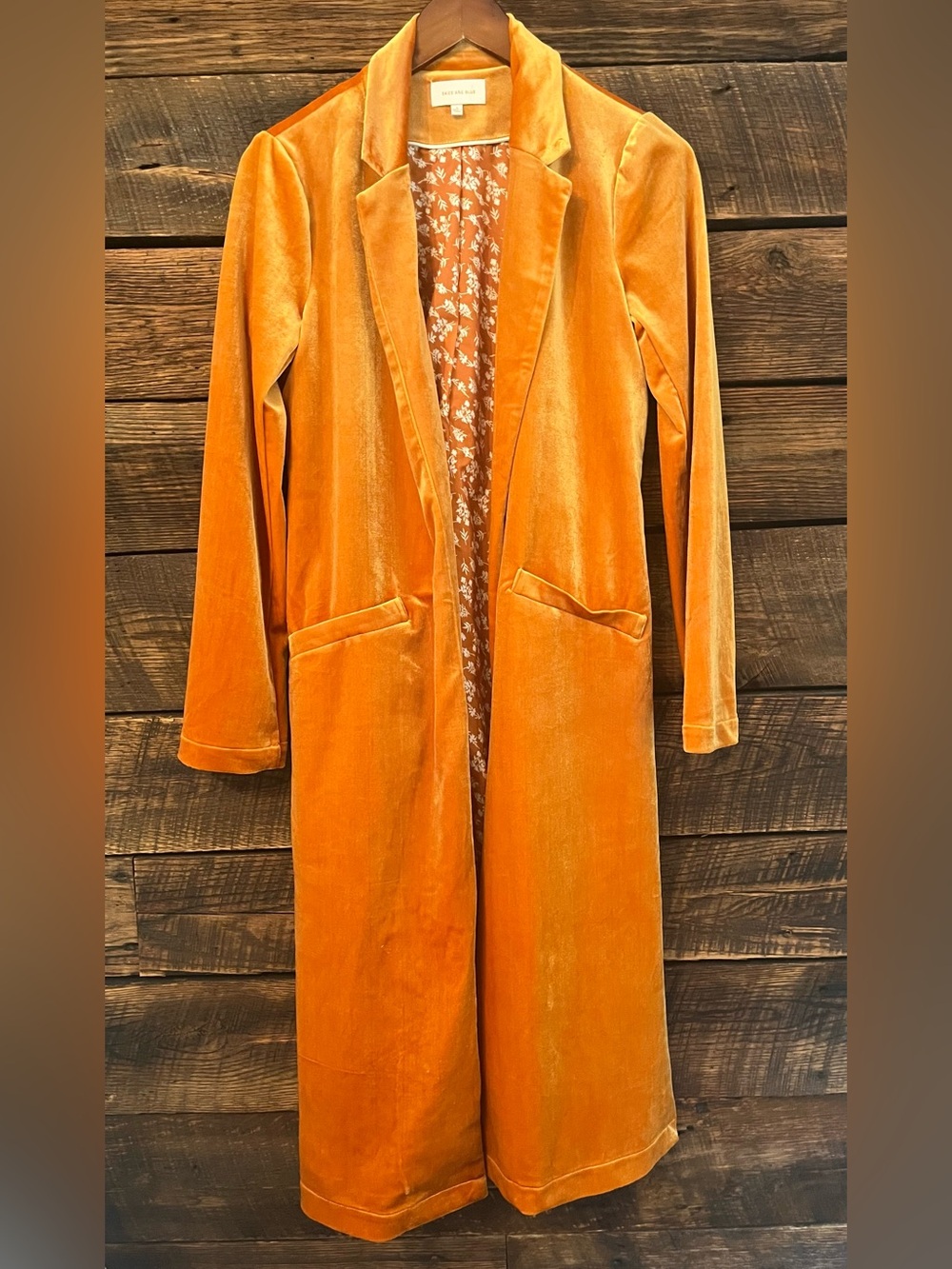 Skies Are Blue boho velvet duster coat, lined, pockets brown gold small collared - Picture 2 of 6